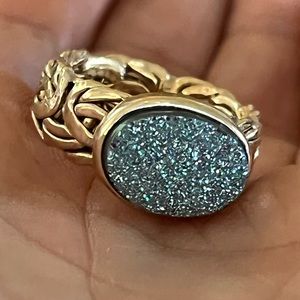Vintage Oval Druzy Ring, Light Blue, filligree
